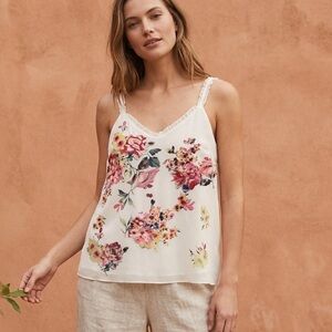 Umgee Floral Embroidered Camisole Cream Pink Ruffle Trim Sz L Anthropologie Boho
